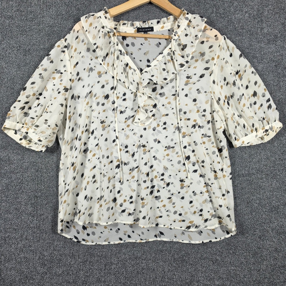 Pleione Blouse Womens Extra Large Ruffle Neck Chiffon Abstract Print Cottagecore
